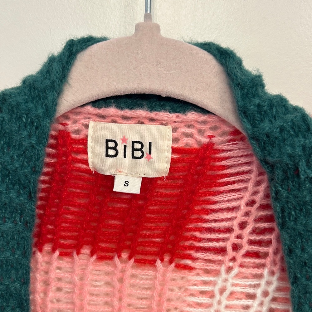 BiBi Red and Pink Checkered Cardigan with Green Trim - Picture 2 of 5